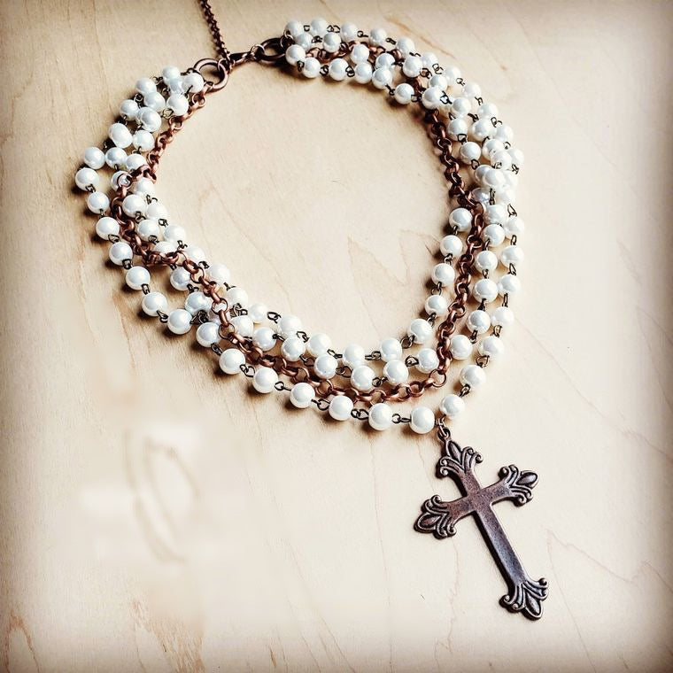 Pearl & Copper Cross Necklace