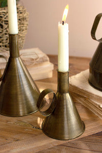 Antiqued Brass Funnel Taper Candle Holder Set