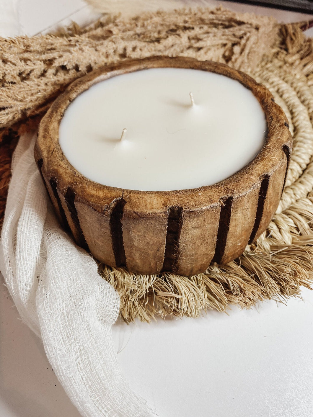 Carved Wood Dough Bowl Candle