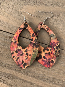 Warm Floral & Print Cork and Leather Teardrop Earrings
