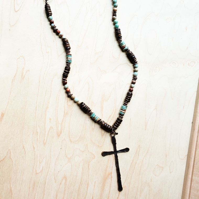 Aqua Terra & Wood Necklace w/ Copper Cross