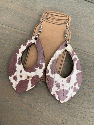 Brown Cow Print Cork and Leather Teardrop Earrings