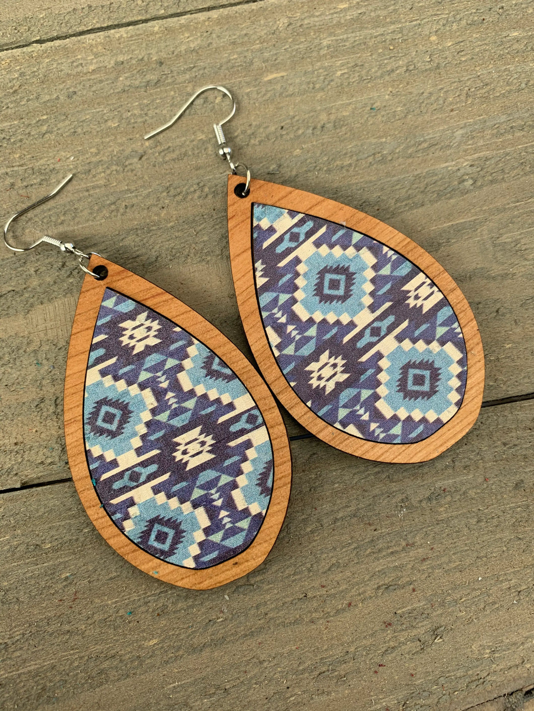 Blue Aztec on Wood Teardrop Earrings