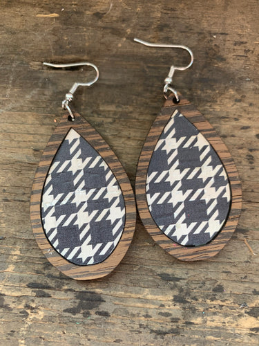 Black Plaid on Wood Teardrop Earrings