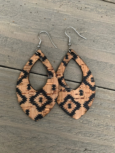 Black Aztec Cork and Leather Teardrop Earrings