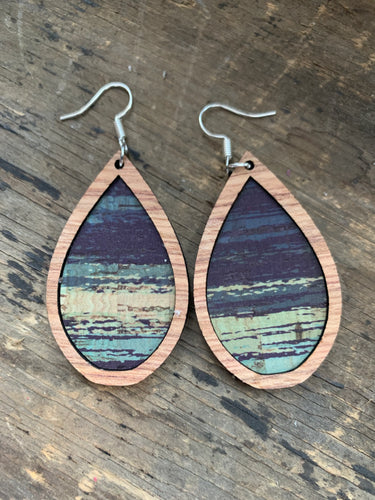 Blue Brushstrokes on Wood Teardrop Earrings