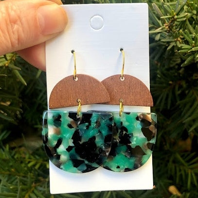 Black and Green Wood and Acrylic Deco Drop Earrings