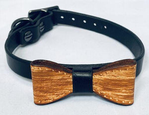 Wood Grain and Black Leather Bow Tie Collar