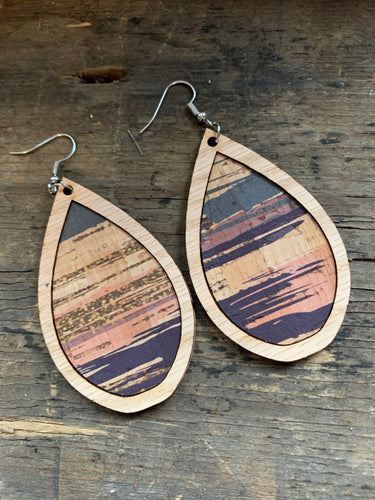 Blue & Pink Strokes on Wood Teardrop Earrings