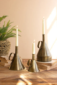 Antiqued Brass Funnel Taper Candle Holder Set