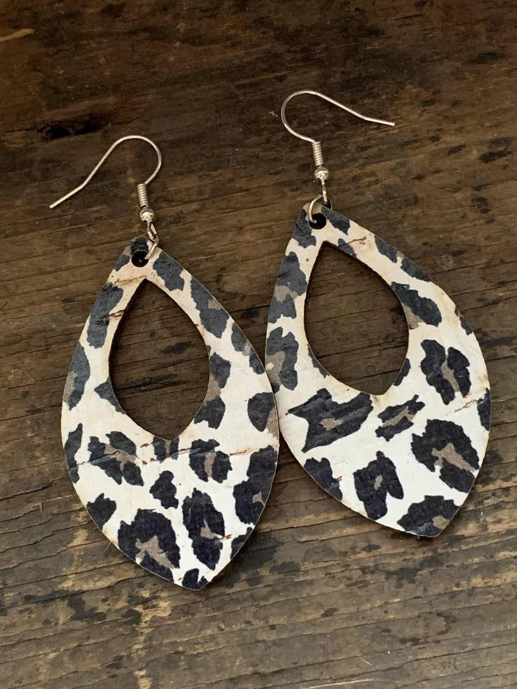 Leopard Cork and Leather Teardrop Earrings