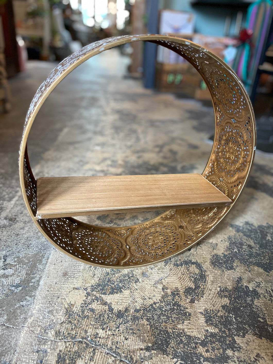 Moroccan Metal and Wood Round Wall Shelf