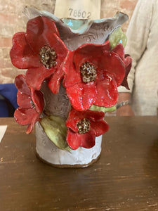Small Grey & Red Poppy Vase