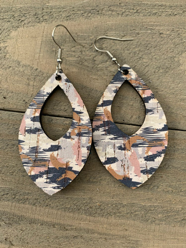 Blue & Gold Cork and Leather Teardrop Earrings