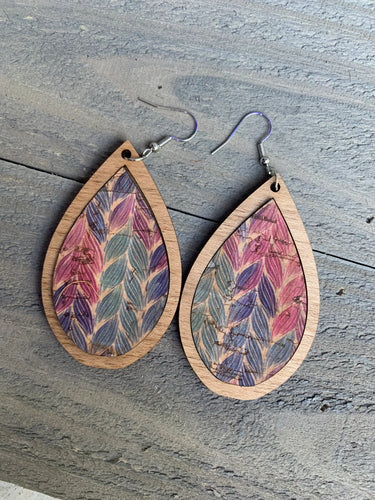 Pink & Blue Braid on Wood Teardrop Earrings