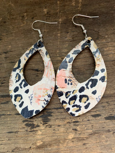 Cool Floral & Print Cork and Leather Teardrop Earrings