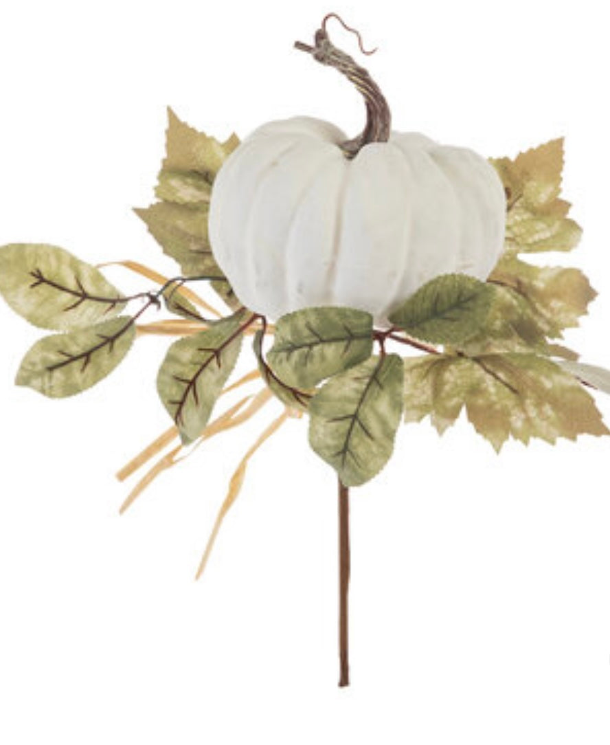 White Pumpkin & Leaves Pick