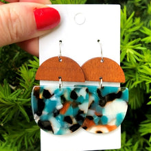 Load image into Gallery viewer, Teal Wood and Acrylic Deco Drop Earrings
