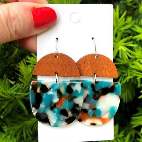 Teal Wood and Acrylic Deco Drop Earrings