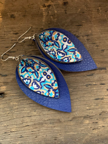 Blue Mosaic Layered Leather Earrings