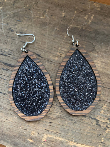 Black Glitter Wood Teardrop Earrings