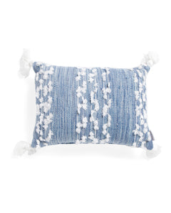 Boho Tassel Kidney Pillow-Blue & White