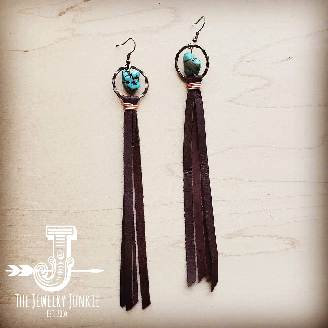 Turquoise Drop Earrings w/ Brown Leather Tassel