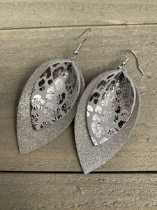 Silver Leopard Layered Leather Earrings