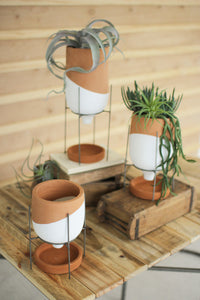 Dipped White Clay Pots On Wire Stands S/3