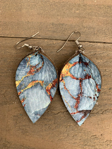 Blue Marble Print Leather Earrings