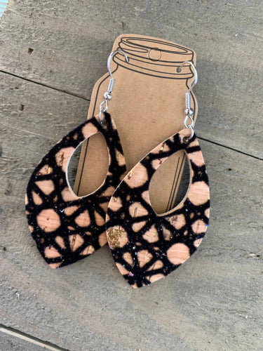 Black Geometric Cork Teardrop Earrings