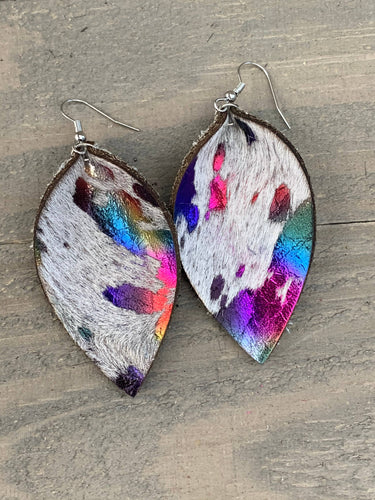 White Rainbow Acid Wash Hide Leather Earrings
