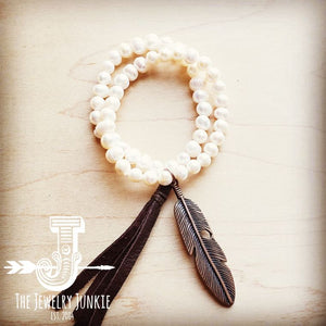 Double Strand GENUINE PEARL Bracelet With COPPER FEATHER
