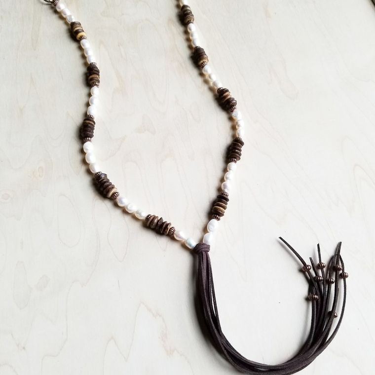 Freshwater Pearl and Wood Necklace with Fringe Tassel