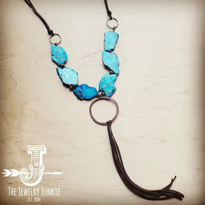 Turquoise Regalite  Slab Necklace With Leather Tassel