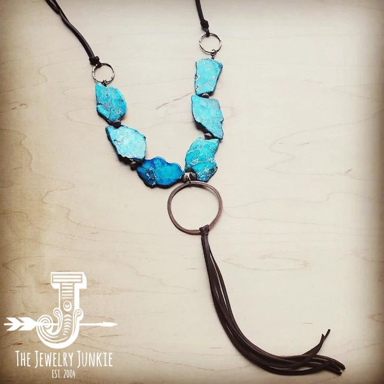 Turquoise Regalite  Slab Necklace With Leather Tassel