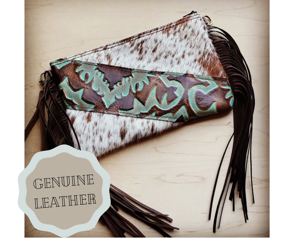 Hair on Hide Handbag w/ Leather Fringe Turquoise Laredo Accent