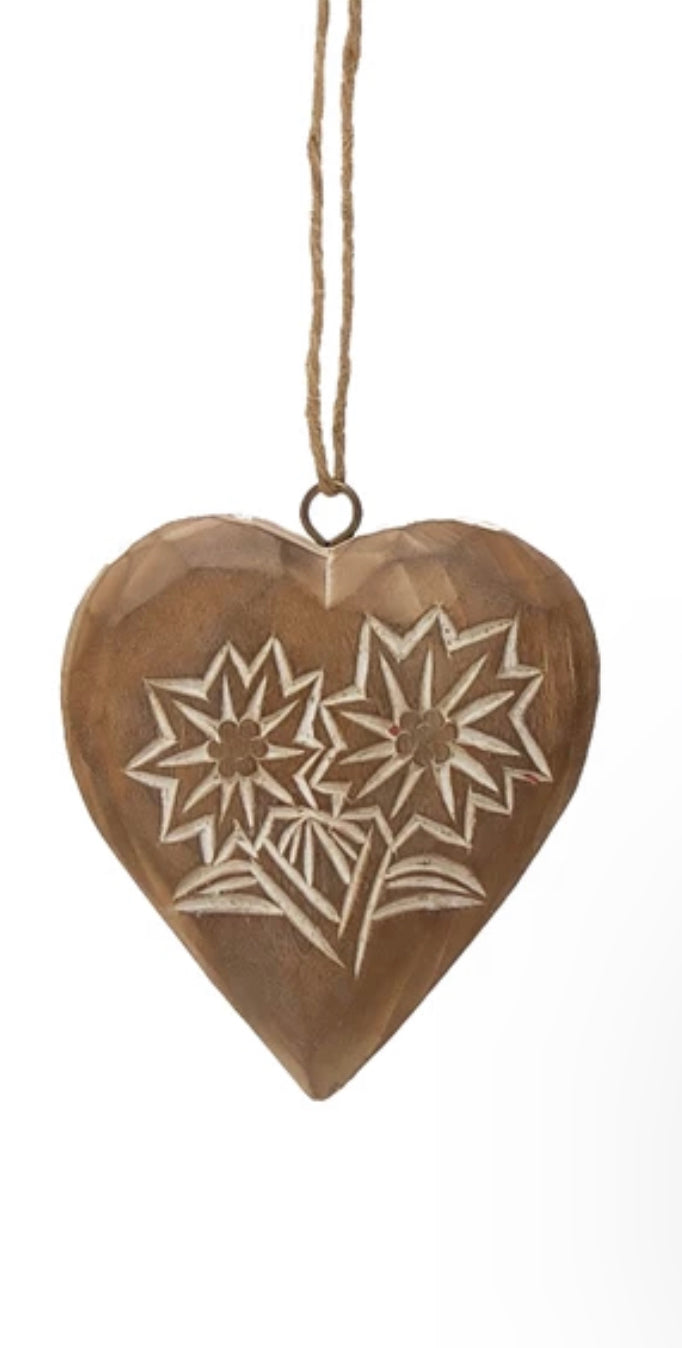 Hand Carved Pine Wood Heart Ornament