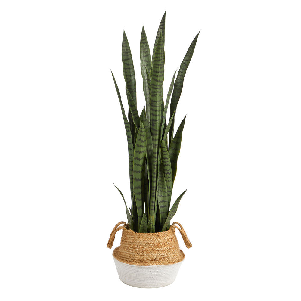 Nearly Natural 46in. Sansevieria Artificial Plant in Boho Chic Handmade Cotton & Jute White Woven Planter