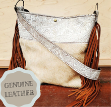 Load image into Gallery viewer, Tejas Leather Bucket Hide Handbag with Oyster Paisley Accent