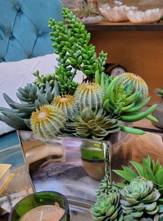 Artificial Succulents In Large Mirrored Pot – Black & White Interiors