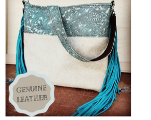 Tejas Leather Bucket Hide Handbag with Turquoise Paisley Accent