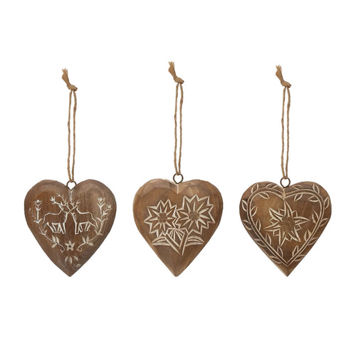 Hand Carved Pine Wood Heart Ornament