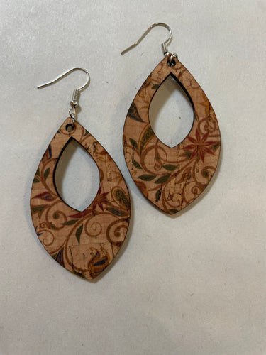 Neutral Floral Cork and Leather Teardrop Earrings