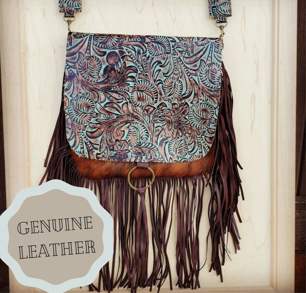 Hair-On-Hide w/ Turquoise Brown Floral Flap Crossbody Handbag