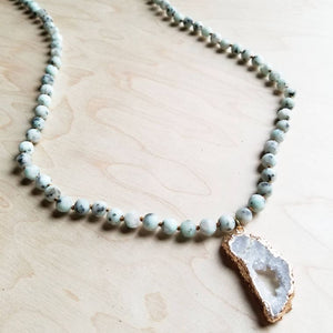 Frosted Sesame Jasper Necklace with White Druzy Pendant