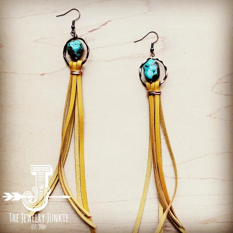 Turquoise Drop Earrings with Leather Tassel-Mustard