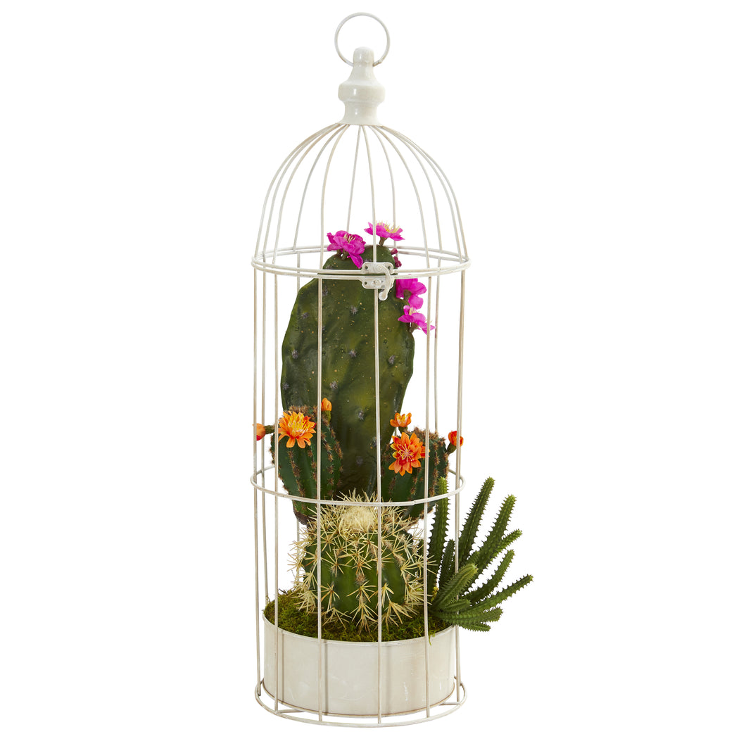 Artificial Mixed Cactus Succulent In Decorative Cage