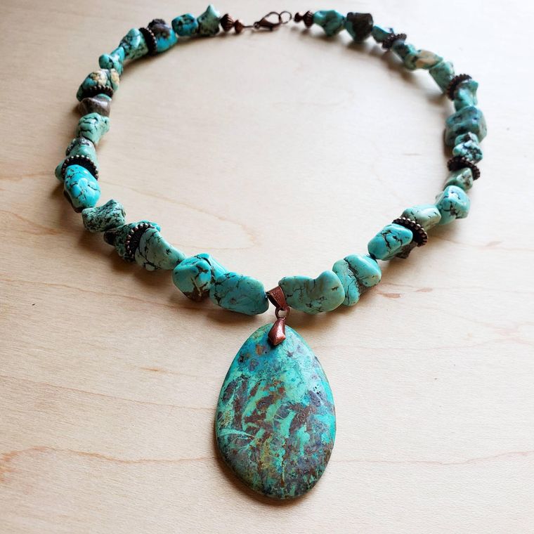 Chunky Turquoise Necklace w/ Natural Teardrop Pendant