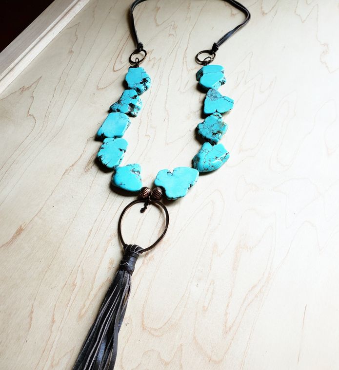 Turquoise Slab Necklace With Leather Tassel